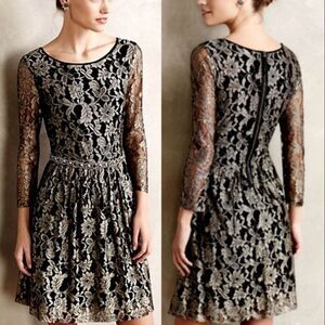 Maeve Anthropologie Shimmered Lacefall Dress Black Metallic Gold Lace Size 2